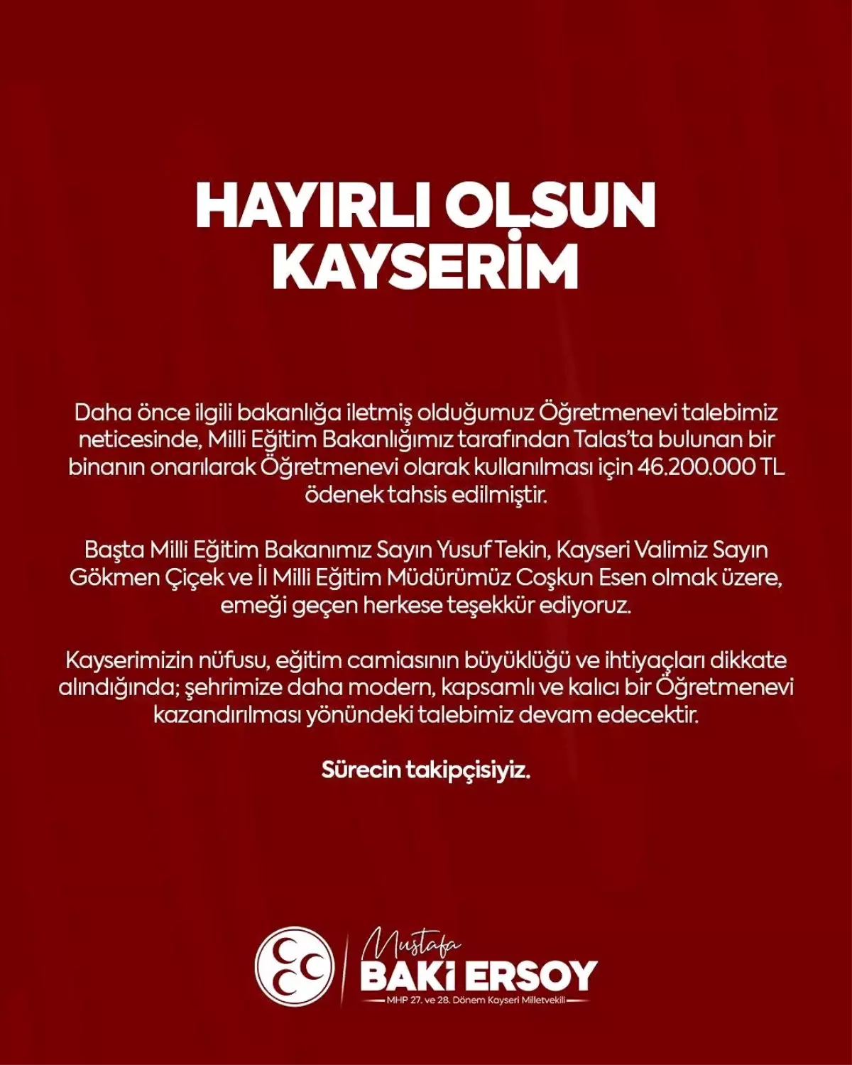 Talas’a Yeni Öğretmenevi İçin Ödenek Tahsis Edildi