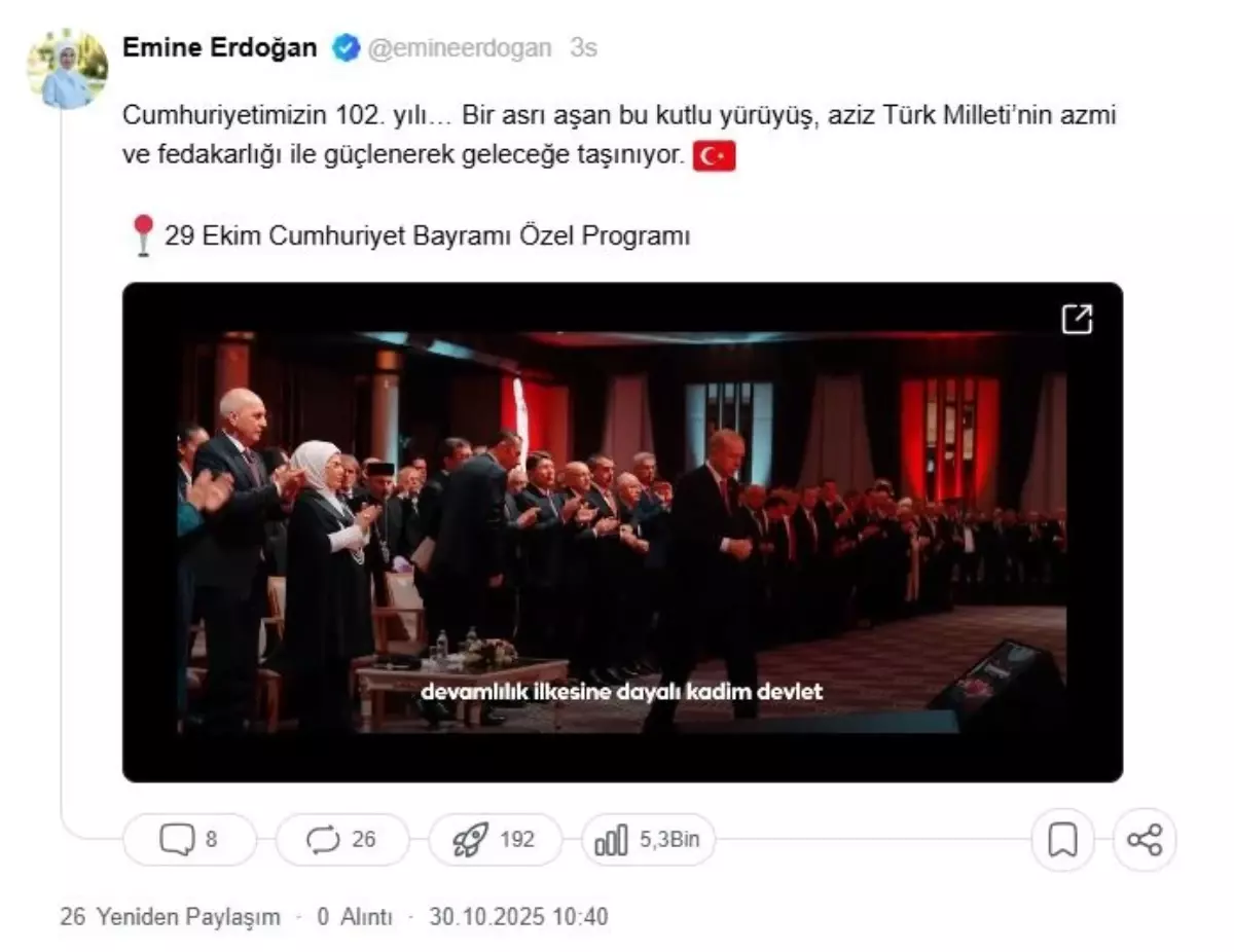 Emine Erdoğan\'dan 29 Ekim Özel Programı\'na ilişkin paylaşım