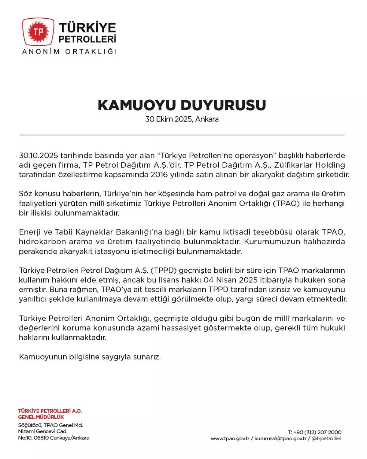 TPAO\'dan Operasyon İddialarına Yanıt