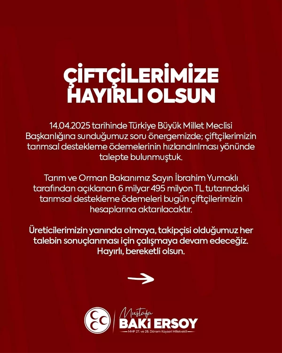 MHP\'li Ersoy\'dan Çiftçilere Destek Müjdesi