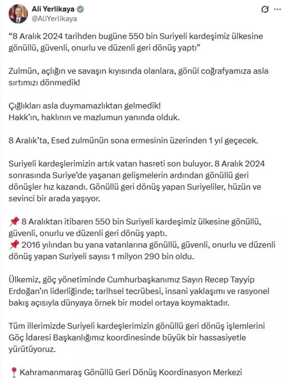 İçişleri Bakanı Yerlikaya, Suriyeli Kardeşlerin Geri Dönüş Sürecini Paylaştı