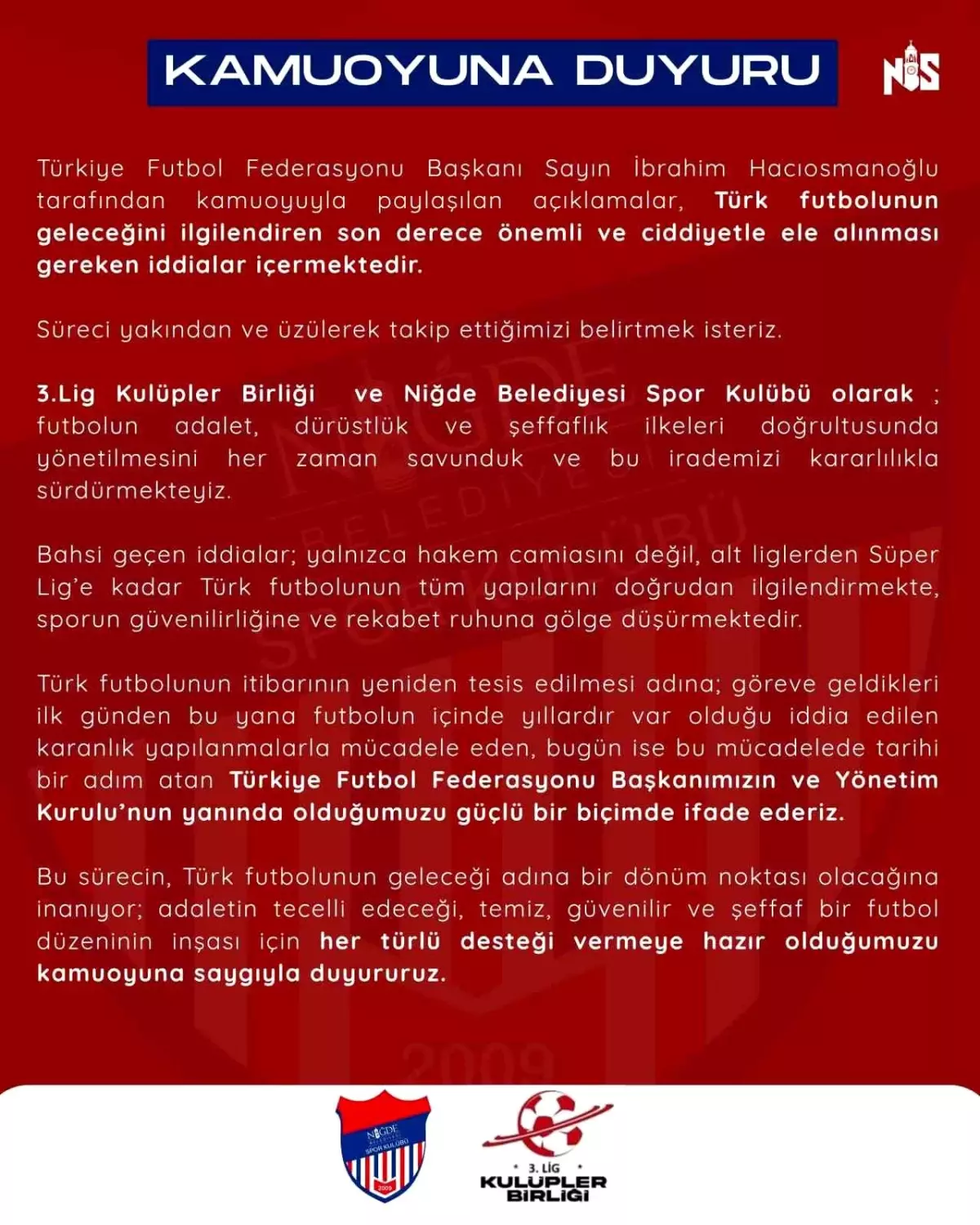 Niğde Belediyespor\'dan TFF Başkanı\'na Destek Açıklaması