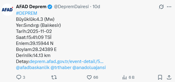 Balıkesir'in Sındırgı ilçesinde 4.3 büyüklüğünde deprem