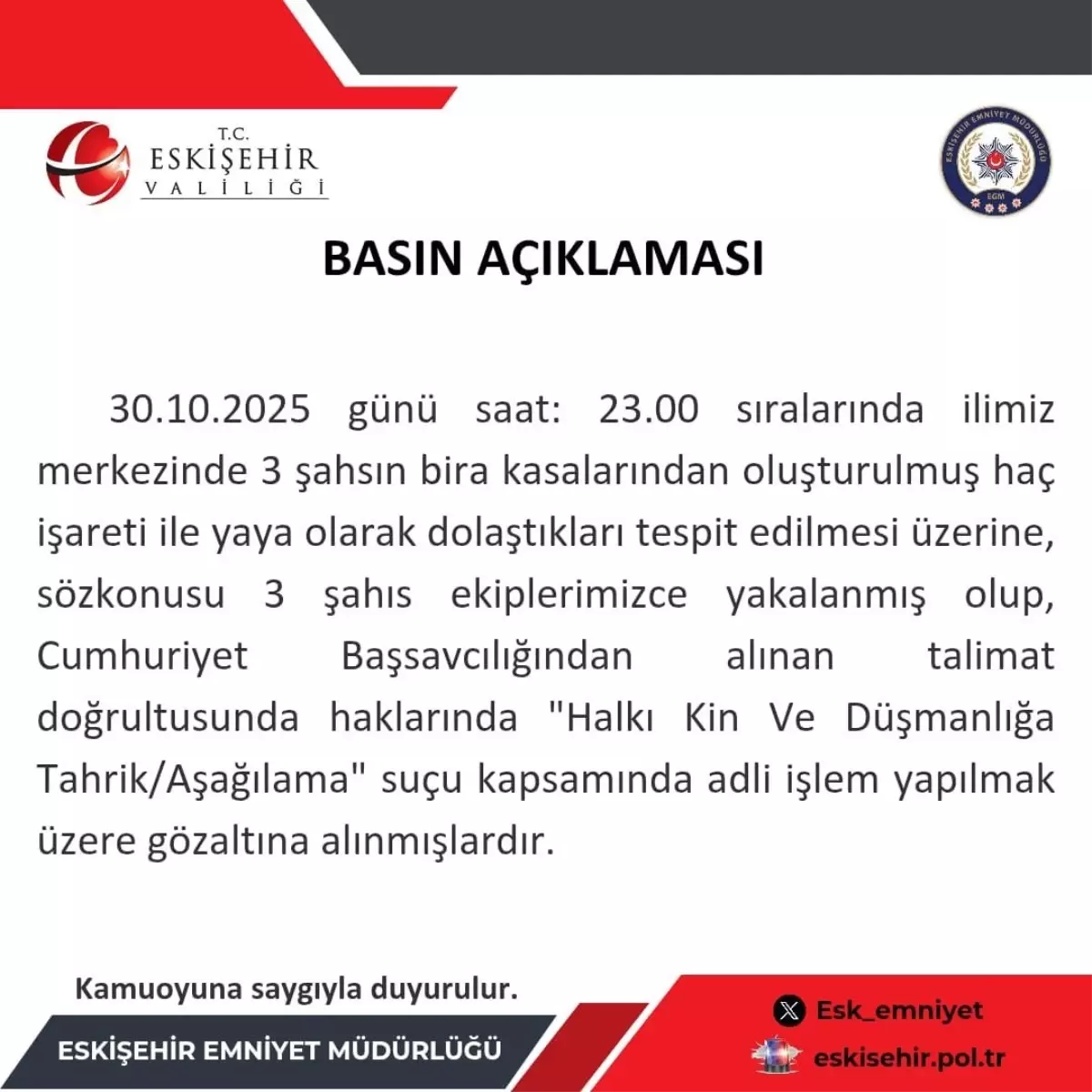 Bira kasalarıyla haç işareti yapan 3 kişiye gözaltı