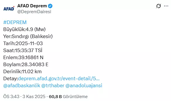 Balıkesir beşik gibi sallanıyor! 4.9'luk bir deprem daha