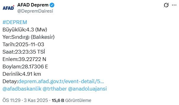 Balıkesir Sındırgı'da 4.3 büyüklüğünde deprem