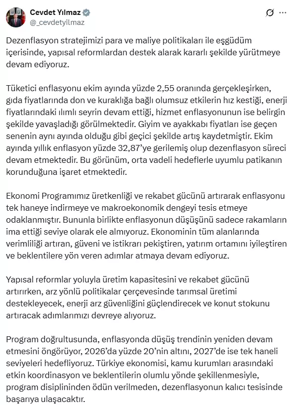 Cumhurbaşkanı Yardımcısı Yılmaz: Enflasyonda 2026'da yüzde 20'nin altını hedefliyoruz