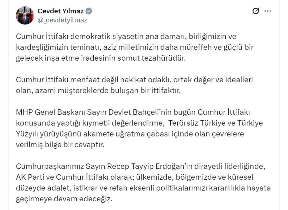 Cevdet Yılmaz: Cumhur İttifakı hakikat odaklı bir ittifaktır