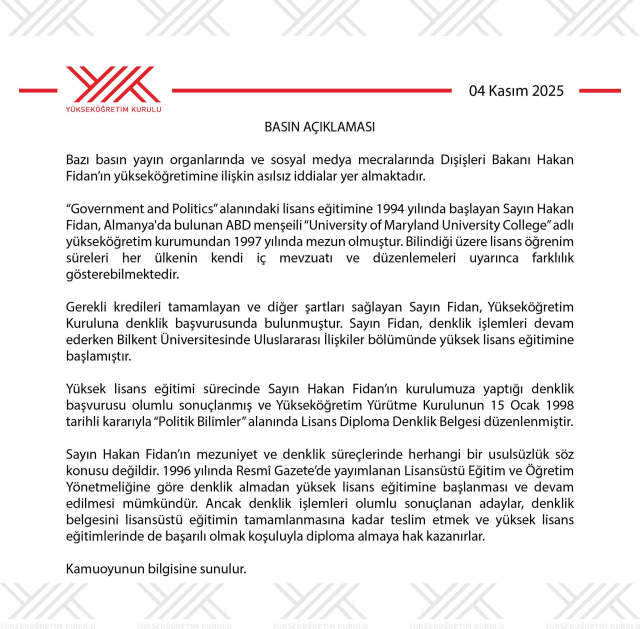 YÖK'ten Hakan Fidan'ın diplomasına ilişkin iddialara yanıt YÖK'ten Hakan Fidan'ın diplomasına ilişkin iddialara yanıt