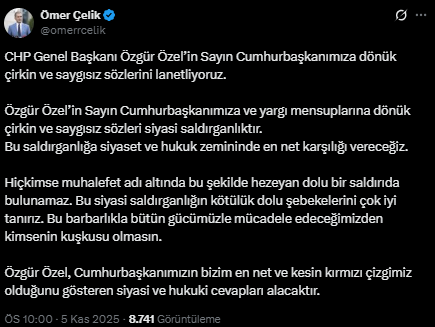 AK Parti Sözcüsü Çelik'ten Özgür Özel'e tepki: Siyaset ve hukuk zemininde en net karşılığı vereceğiz AK Parti Sözcüsü Çelik'ten Özgür Özel'e tepki: Siyaset ve hukuk zemininde en net karşılığı vereceğiz