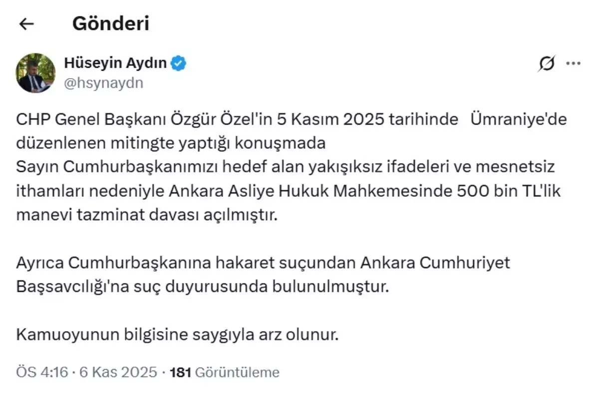 Erdoğan, Özgür Özel\'e 500 bin liralık manevi tazminat davası açtı