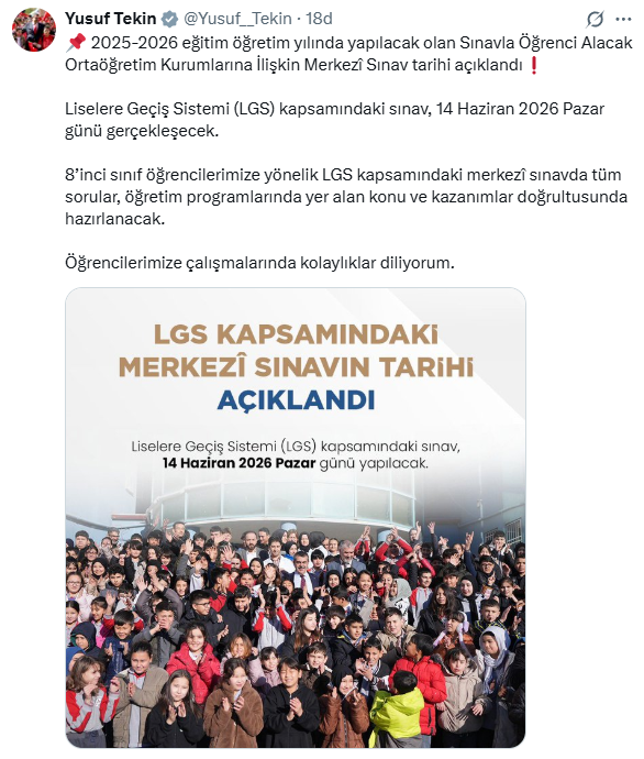 LGS kapsamında merkezi sınav 14 Haziran 2026 Pazar günü gerçekleştirilecek LGS kapsamında merkezi sınav 14 Haziran 2026 Pazar günü gerçekleştirilecek
