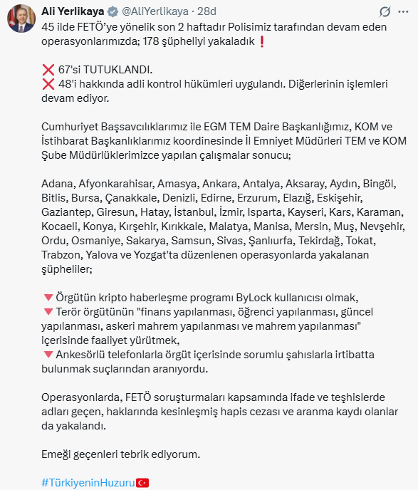 45 ilde dev FETÖ operasyonu! 178 şüpheli yakalandı, 67'si tutuklandı