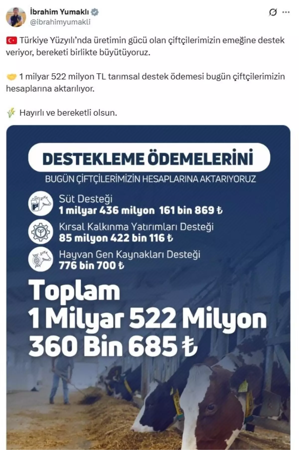 1.5 Milyar TL Tarımsal Destek Ödemesi