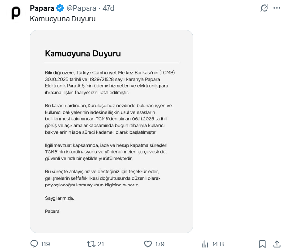 TCMB Tarafından Faaliyet İzni İptal Edilen Papara, Kullanıcı Bakiyelerini İade Etmeye Başladı