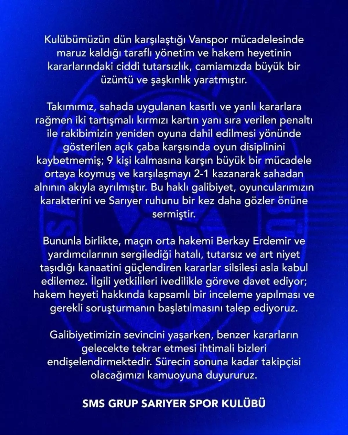 Sarıyer Hakem Heyetini Soruşturma Talep Etti