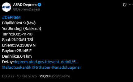 Balıkesir'de 4.9 büyüklüğünde bir deprem daha