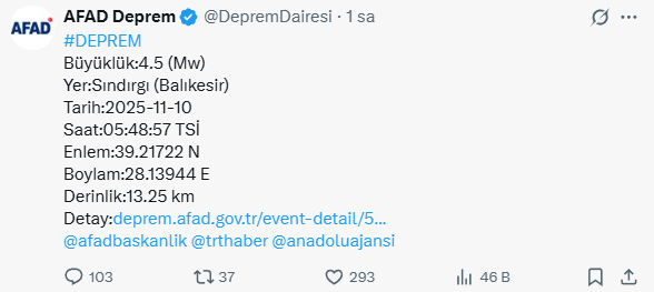 Balıkesir Sındırgı'da 4.5 büyüklüğünde bir deprem daha