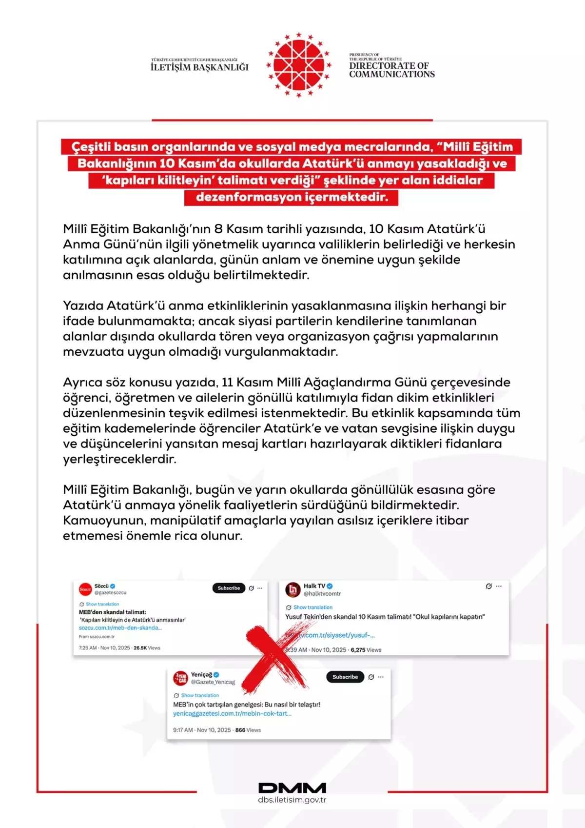 Dezenformasyon Merkezi, Atatürk\'ü Anma Yasaklaması İddialarını Reddetti