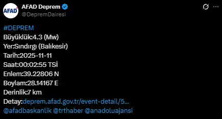 Balıkesir'de 4.9 büyüklüğünde bir deprem daha