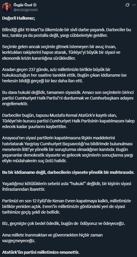 İBB iddianamesine Özgür Özel'den ilk tepki