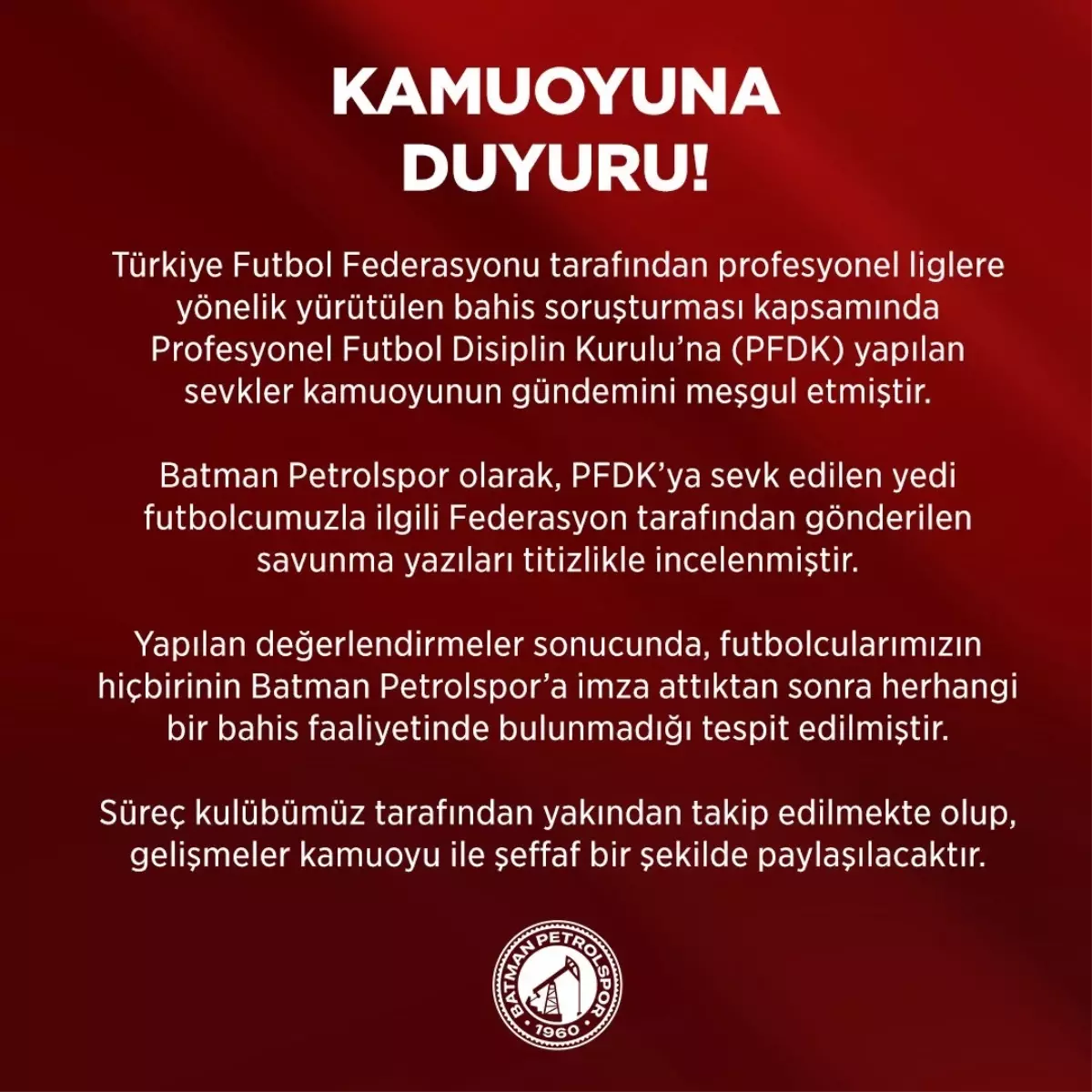 Batman Petrolspor\'dan Bahis Açıklaması