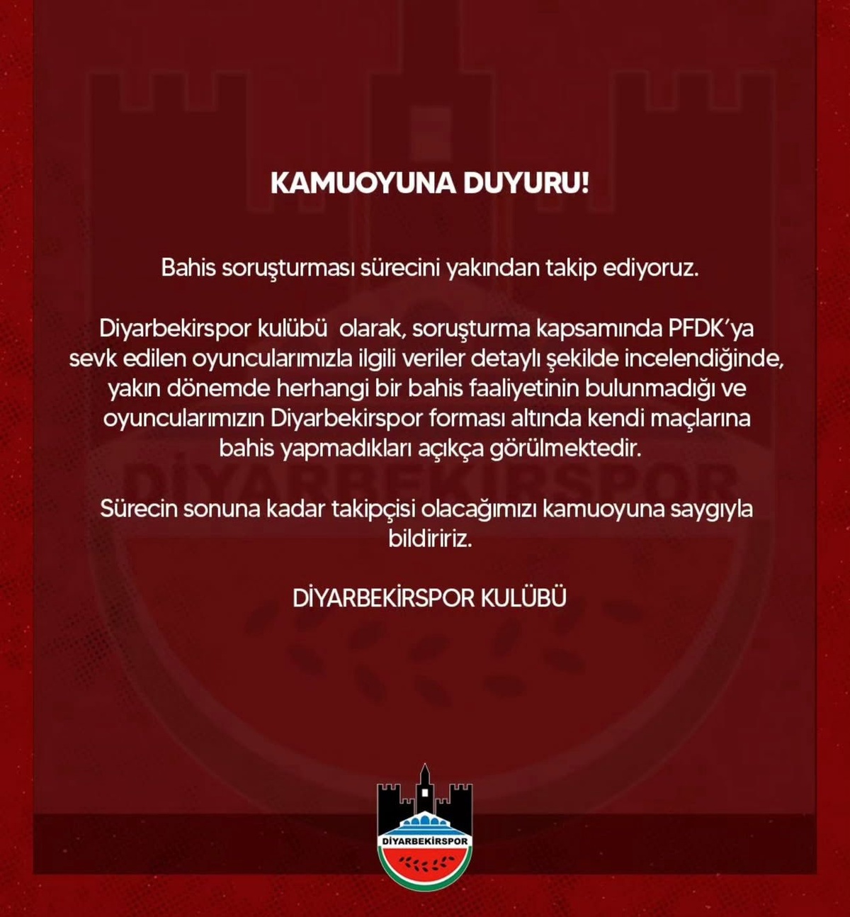 Diyarbekirspor\'dan Bahis Açıklaması