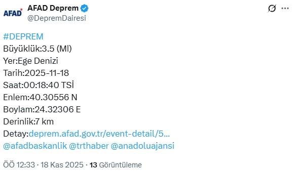 Ege'de 4.8 büyüklüğünde deprem