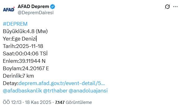 Ege'de 4.8 büyüklüğünde deprem
