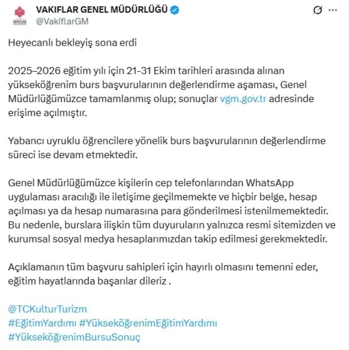 Yükseköğrenim Burs Sonuçları Açıklandı