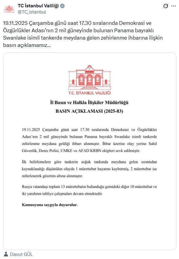 Marmara Denizi'nde gemide zehirlenme: 1 mürettebat hayatını kaybetti