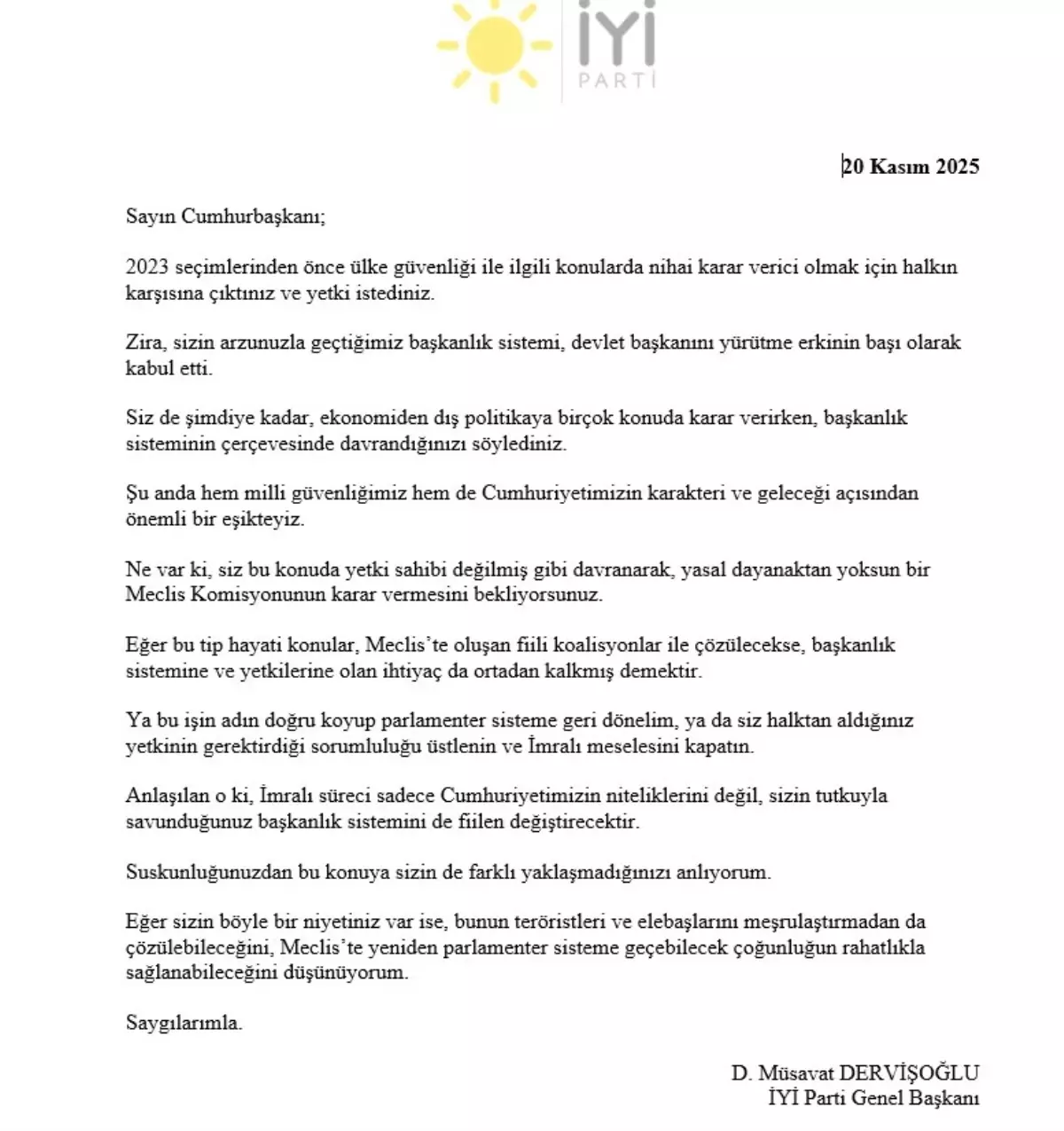 Dervişoğlu\'ndan Cumhurbaşkanı Erdoğan\'a \'İmralı\' mektubu