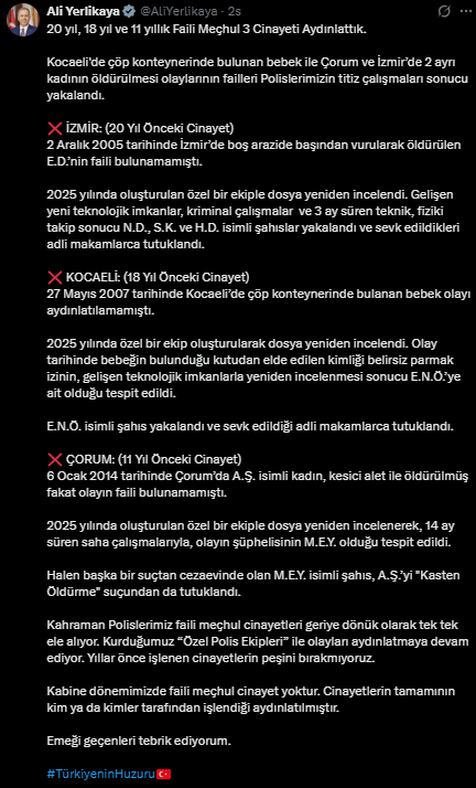 Bakan Yerlikaya: 20 yıl, 18 yıl ve 11 yıllık faili meçhul 3 cinayeti aydınlattık Bakan Yerlikaya: 20 yıl, 18 yıl ve 11 yıllık faili meçhul 3 cinayeti aydınlattık