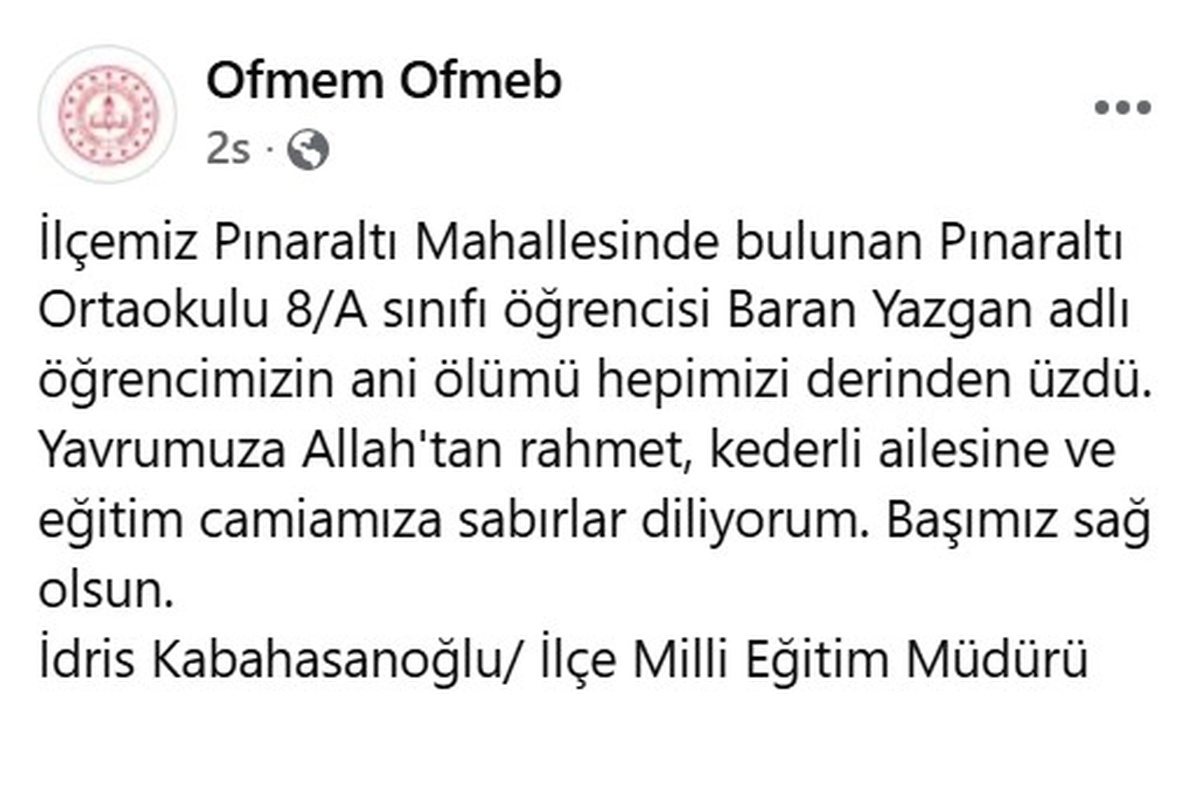 8. Sınıf Öğrencisi Baran Yazgan Hayatını Kaybetti