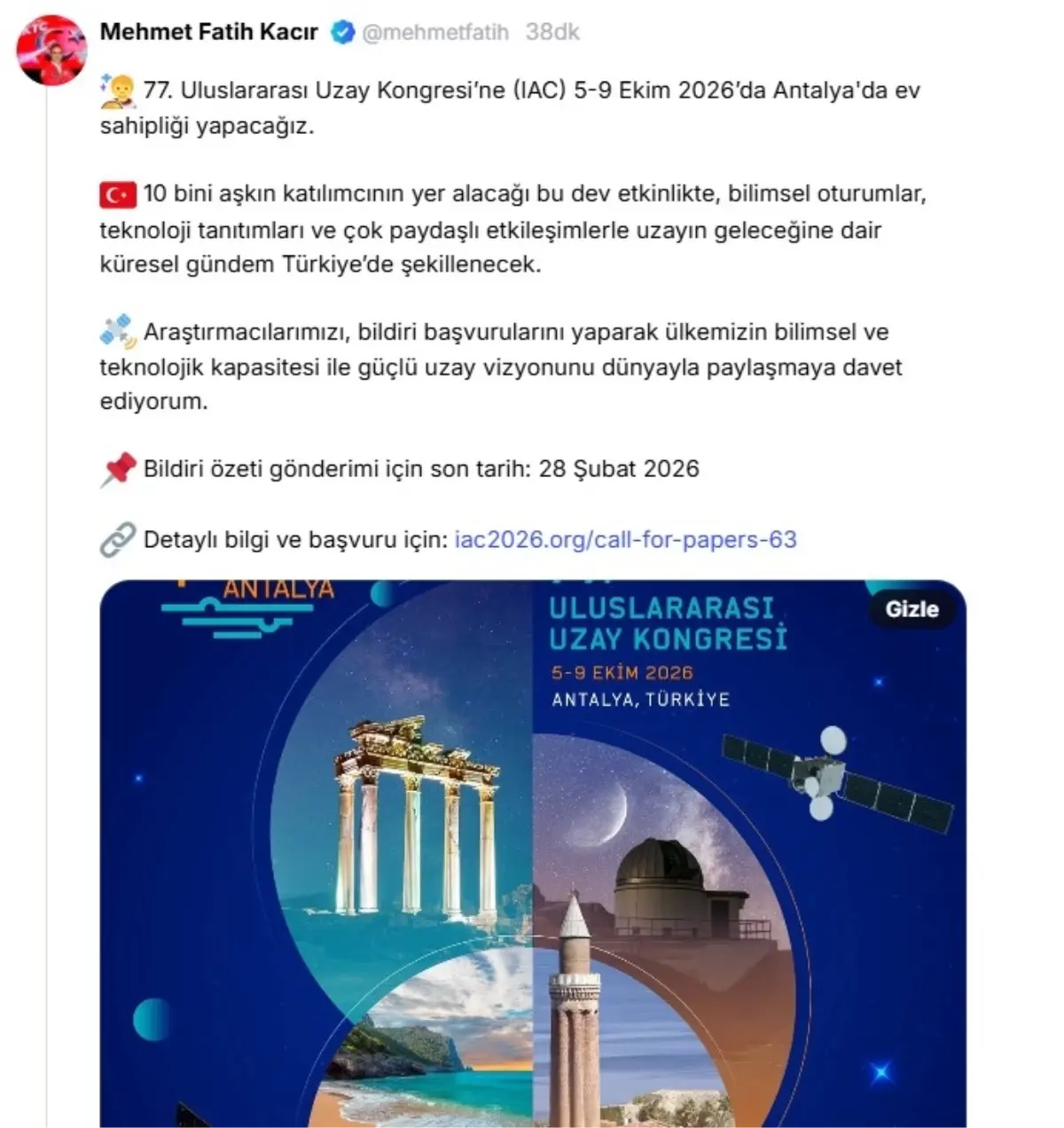 Uzay Kongresi 2026\'da Antalya\'da