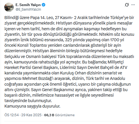 Papa 14. Leo'nun İznik ayini MHP'yi kızdırdı! Çok sert tepki