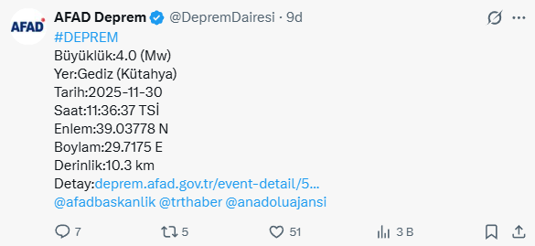 Kütahya'da 4 büyüklüğünde deprem