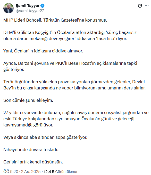 AK Partili Tayyar: Bahçeli darbe iddiasını ciddiye almadı, Öcalan duvara tosladı AK Partili Tayyar: Bahçeli darbe iddiasını ciddiye almadı, Öcalan duvara tosladı