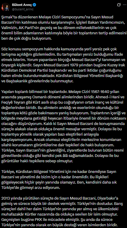 Bülent Arınç'tan Barzani'nin ziyaretine destek, uzun namlulu korumalara tepki Bülent Arınç'tan Barzani'nin ziyaretine destek, uzun namlulu korumalara tepki
