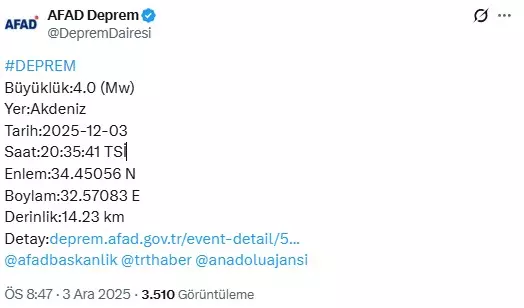 Akdeniz'de 4 büyüklüğünde deprem Akdeniz'de 4 büyüklüğünde deprem