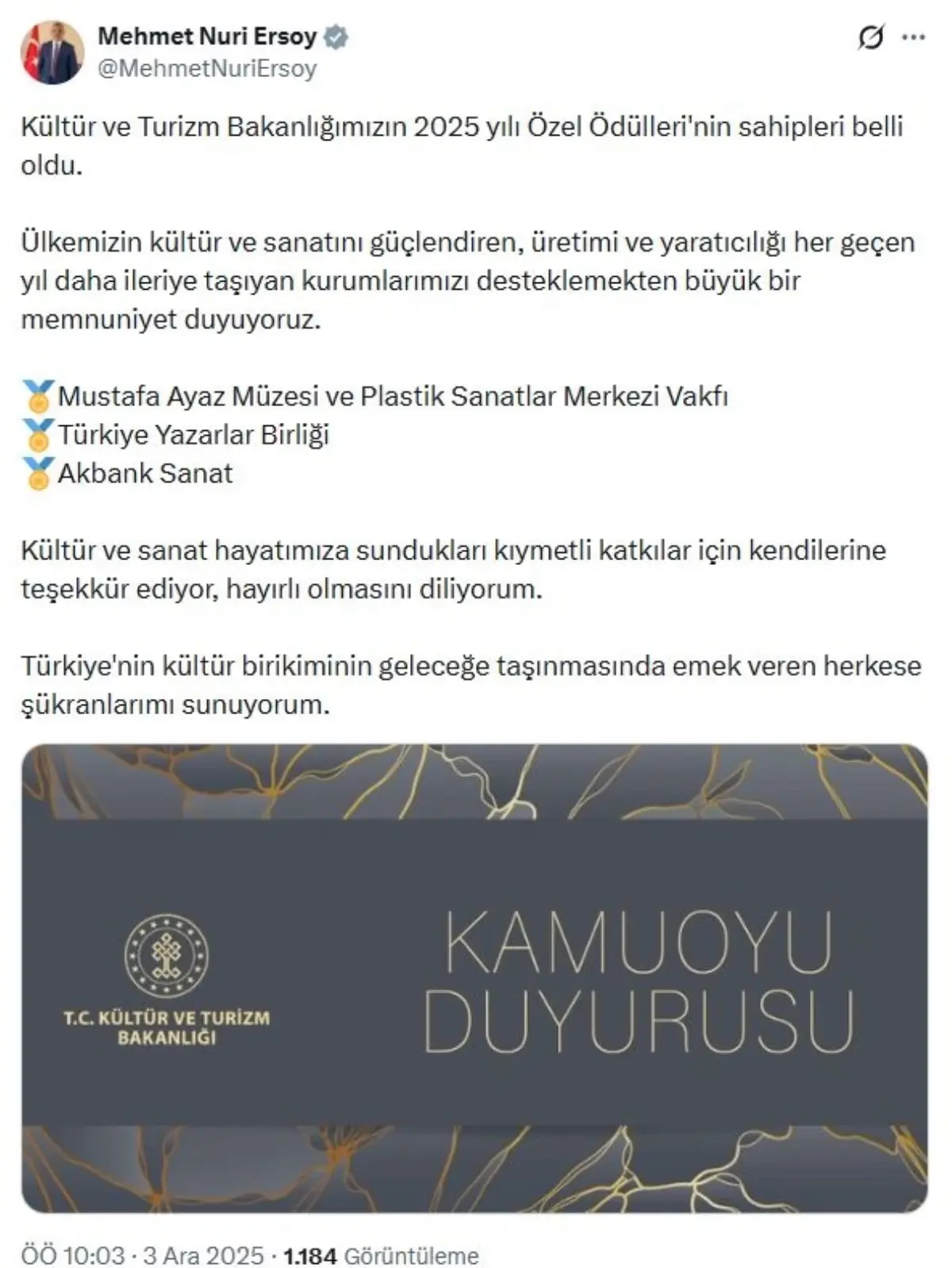 2025 Kültür ve Turizm Ödülleri Sahiplerini Buldu