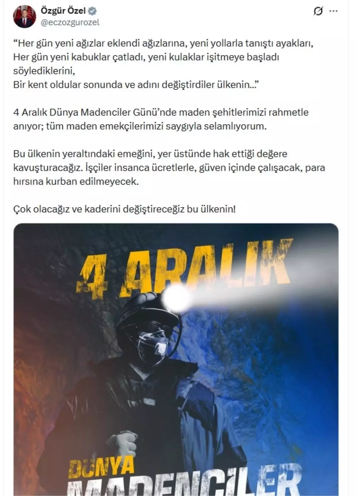 Özgür Özel\'den \'Dünya Madenciler Günü\' mesajı