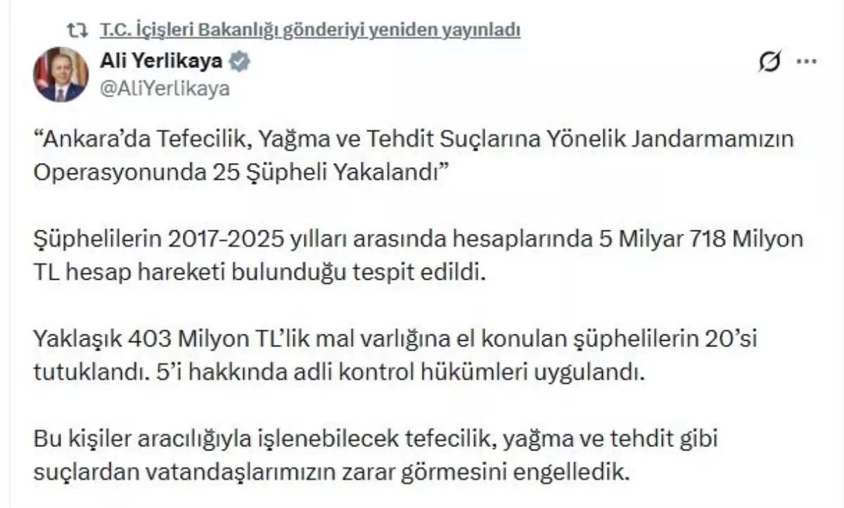 Ankara\'da Tefecilik Operasyonu: 25 Gözaltı, 20 Tutuklama