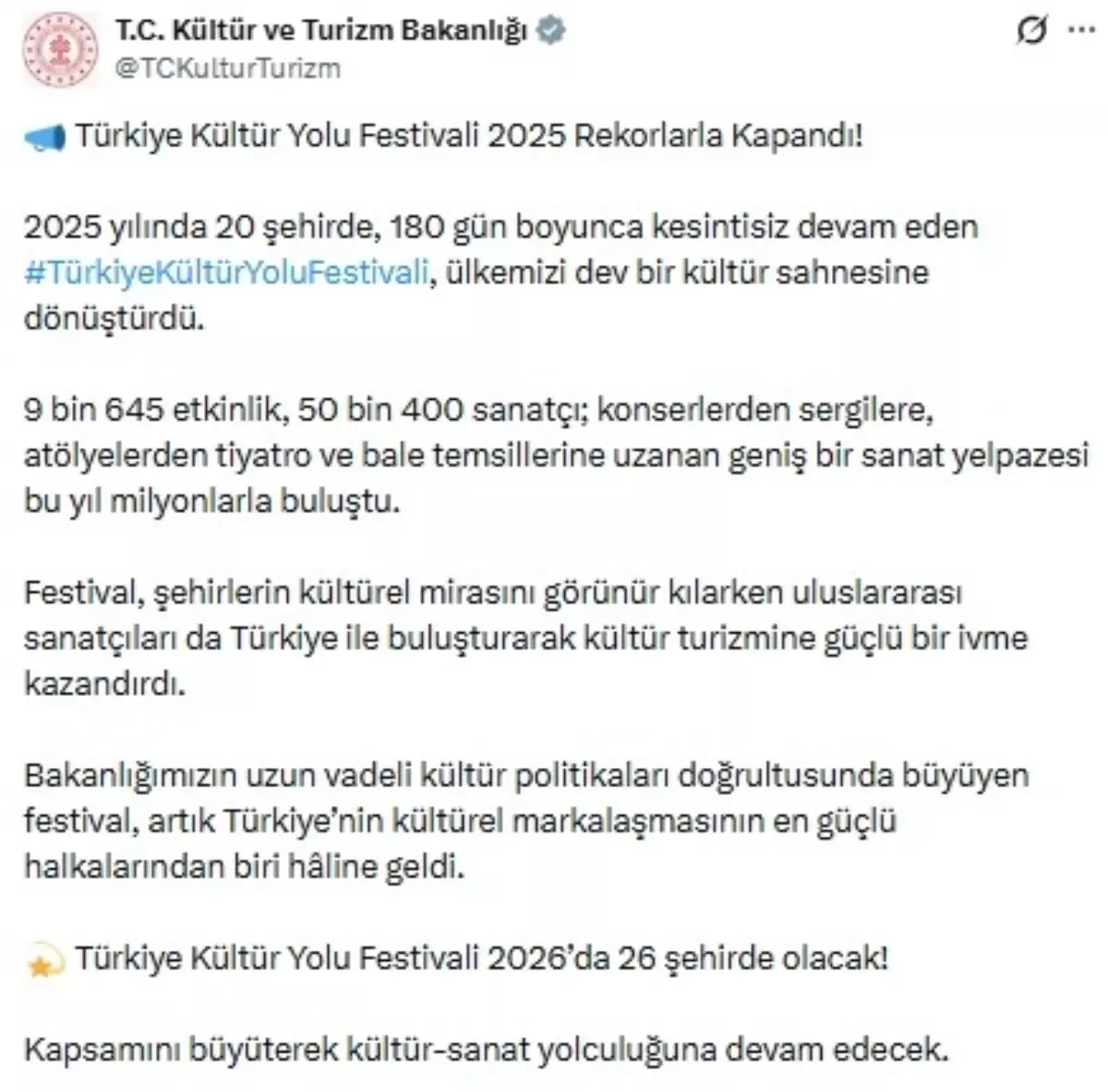 Türkiye Kültür Yolu Festivali Başarıyla Gerçekleşti