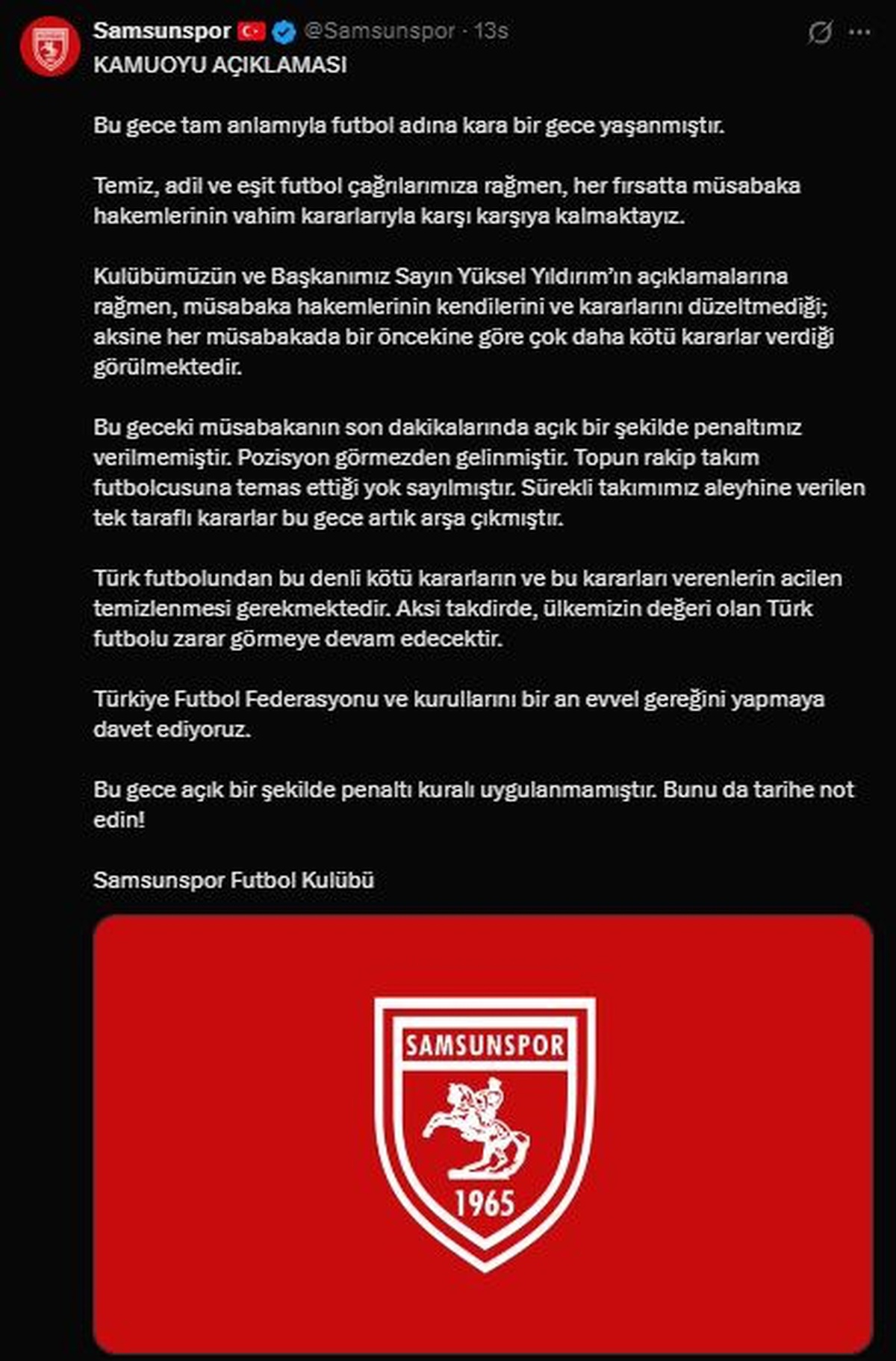 Samsunspor\'dan Sert Hakem Tepkisi