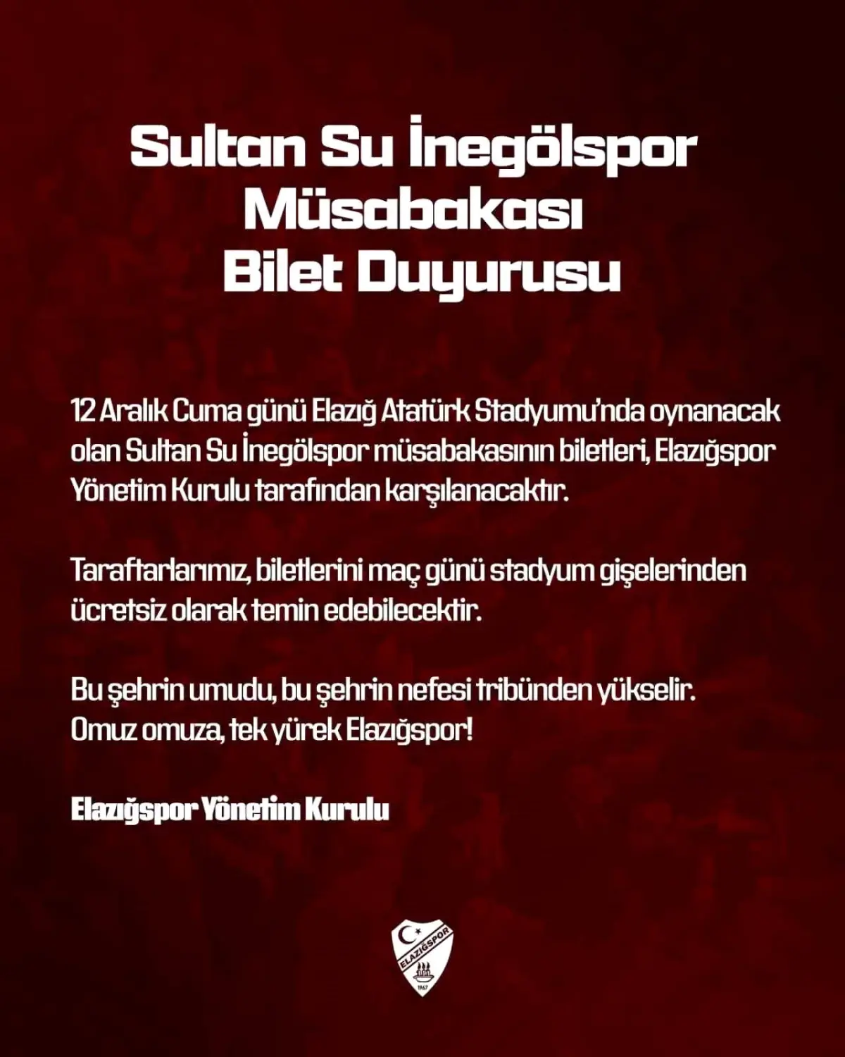 Elazığspor Taraftarına Ücretsiz Bilet