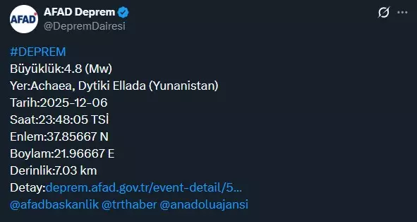 Komşuda korkutan deprem! Büyüklüğü belli oldu