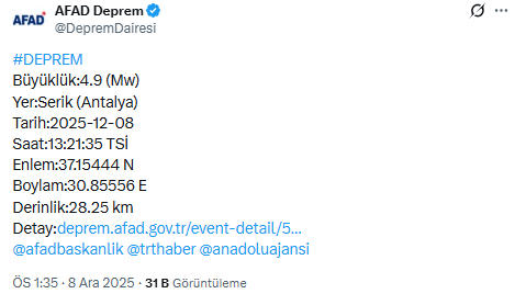Antalya beşik gibi! Dün gecenin ardından korkutan bir deprem daha Antalya beşik gibi! Dün gecenin ardından korkutan bir deprem daha