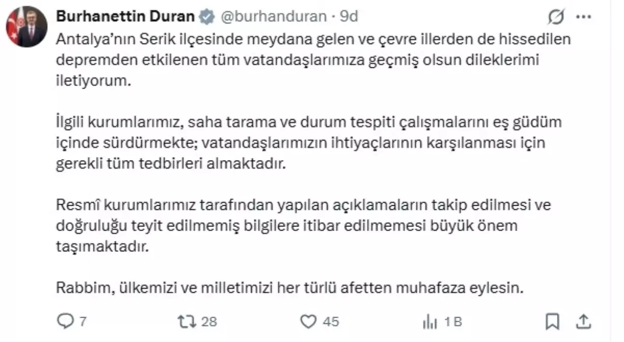 Serik\'te Deprem: Saha Taramaları Devam Ediyor