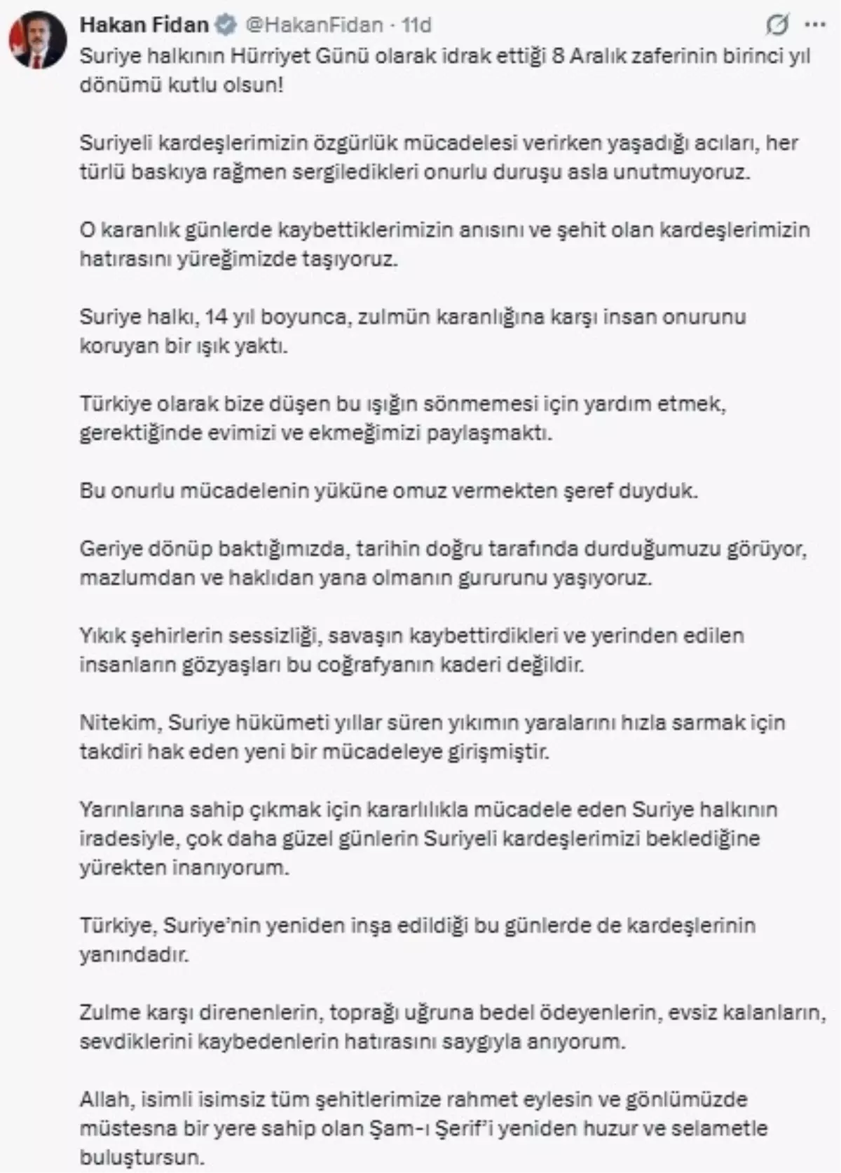 Bakan Fidan: Suriye\'nin 8 Aralık zaferinin 1\'inci yılı kutlu olsun